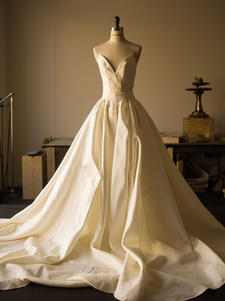 Pièce terminée sur mannequin, fiche manuscrite posée à côté